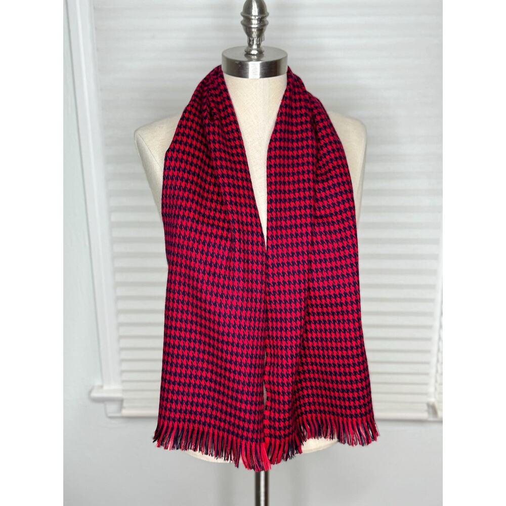 Vintage Houndstooth Scarf, Red Blue Plaid, Pierre Cardin Designer Winter Scarf